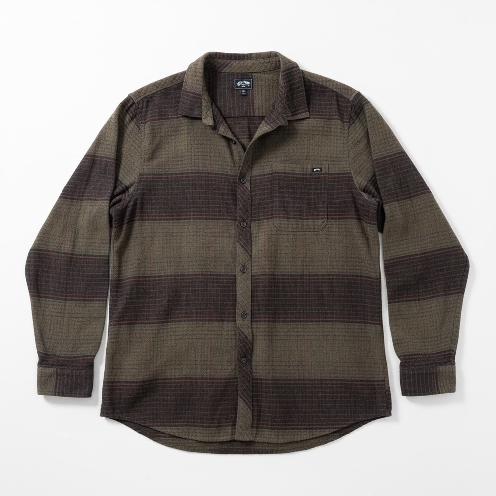 Billabong Shirt Mens XXL Olive Green Brown Striped Flannel Style Long Sleeve
